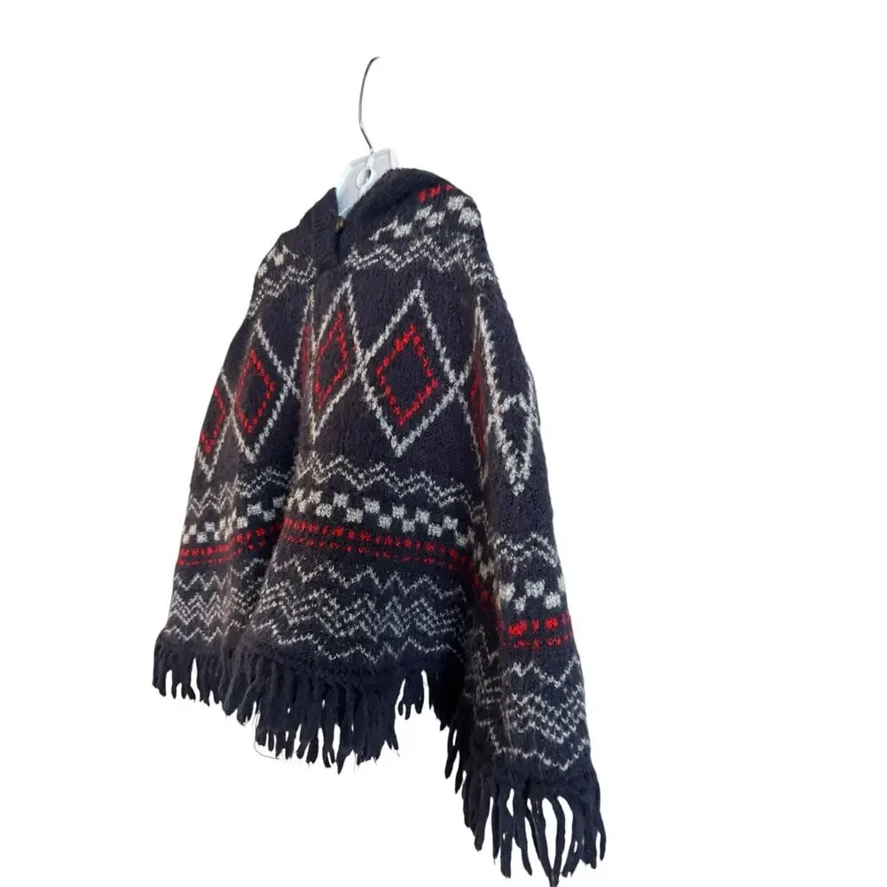 Oshkosh B’gosh Girls Poncho Sweater Hooded Fringe Fair Isle Blue Size 3T
